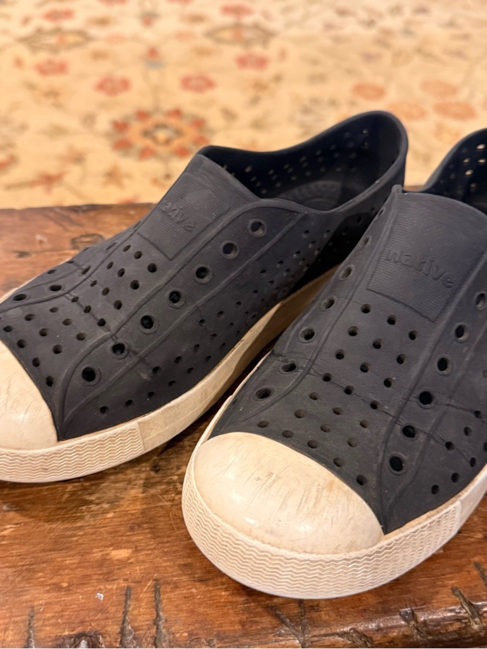 Native Men's Slip-On Perforated Loafers in Black with Cream Toe